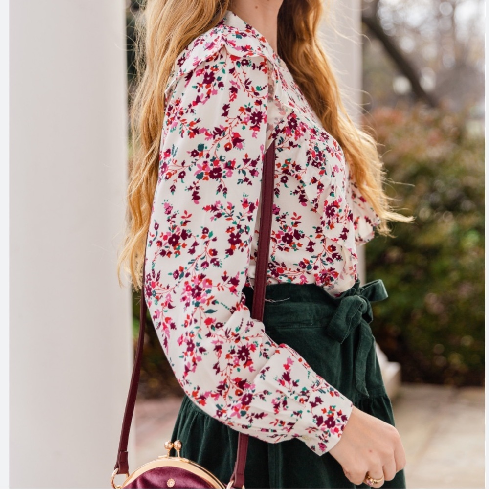 JCrew Floral Long Sleeve Ruffle accents Button Down Blouse size L